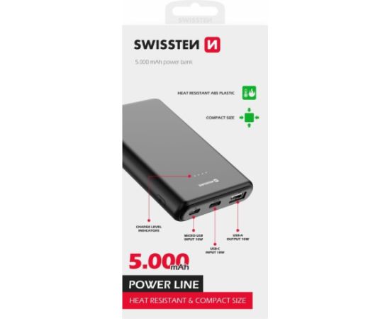 Swissten Line Power Bank Переносная зарядная батарея USB / USB-C / Micro USB / 10W / 5000 mAh Power-банки