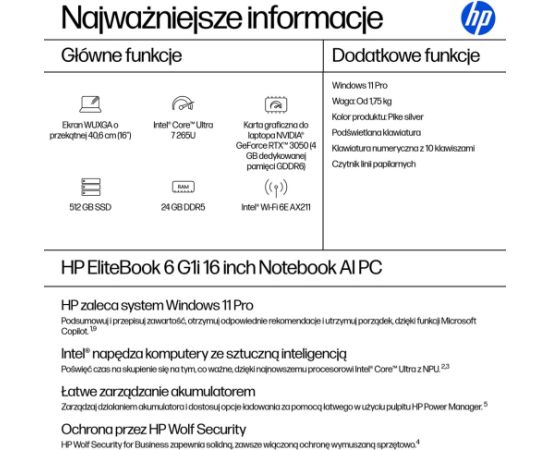 HP EliteBook 6 G1i Ultra 7 265U 16.0"WUXGA IPS 300nits AG 24GB DDR5 5600 SSD512 Arc Cam 5Mpx 56Wh W11Pro Pike silver aluminium 3Y OnSite Portatīvie datori