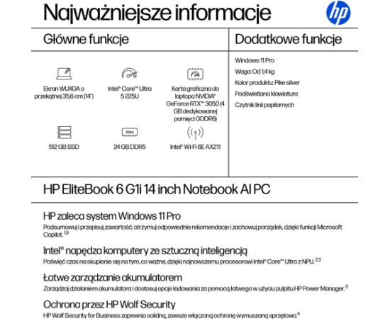 HP EliteBook 6 G1i Ultra 5 225U 14.0"WUXGA IPS 400nits Eye Ease AG 24GB DDR5 5600 SSD512 Arc Cam 5Mpx 56Wh W11Pro Pike silver aluminium 3Y OnSite Portatīvie datori