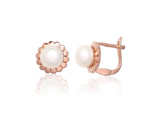 Серебряные серьги на английском замке #2203840(PAu-R)_PE, Серебро 925°, красное золото (покрытие), Жемчуг, 2.5 гр. Ar "angļu" slēdzēju