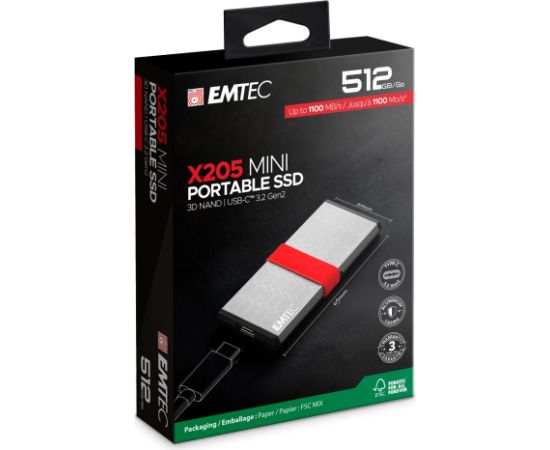 Emtec SSD 3D NAND/USB-C 3.2Gen2 X205 512GB Mini Portable SSD Ārējie cietie diski HDD SSD