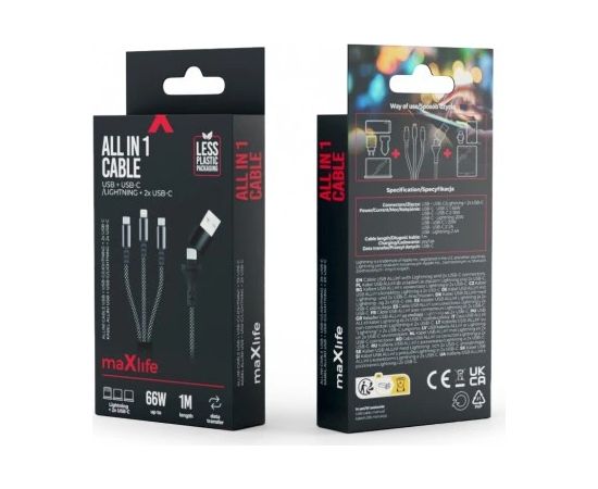 Maxlife ALLin1 66W USB / USB-C / Lightning / 2x USB-C Vads 1m Data USB kabeļi