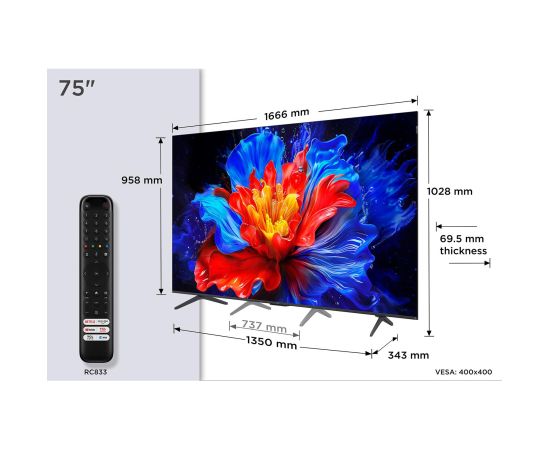TV Set TCL 75P8K 75" 4K Ultra HD Flat 16:9 QLED Televizori