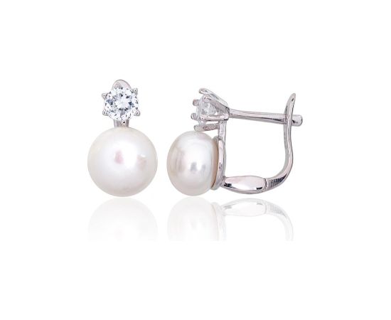 Серебряные серьги на английском замке #2203847(PRh-Gr)_CZ+PE, Серебро 925°, родий (покрытие), Цирконы, Жемчуг, 2.4 гр. Ar "angļu" slēdzēju