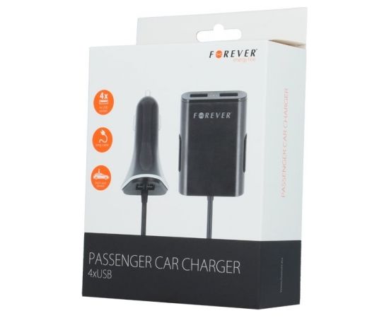 Forever Passenger USB 4 x 2.4A (12V / 24V) Autolādētājs ar Garu vadu 1.5m un Klipsi Pasažieriem Melns