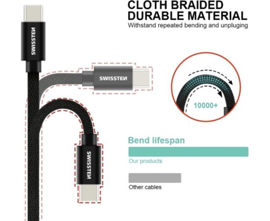 Swissten Textile Fast Charge 3A USB-C / USB-C Кабель для передачи данных и зарядки 1.2m Дата USB-кабели