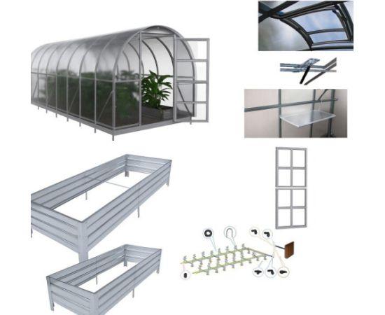 Комплект теплицы – КLASIKA 3×6 м с поликарбонатом 6 мм, форточкой с автоматическим открывателем, полкой, дополнительной дверью, комплектом для подвязки растений, приподнятыми грядками и системой полива Теплицы