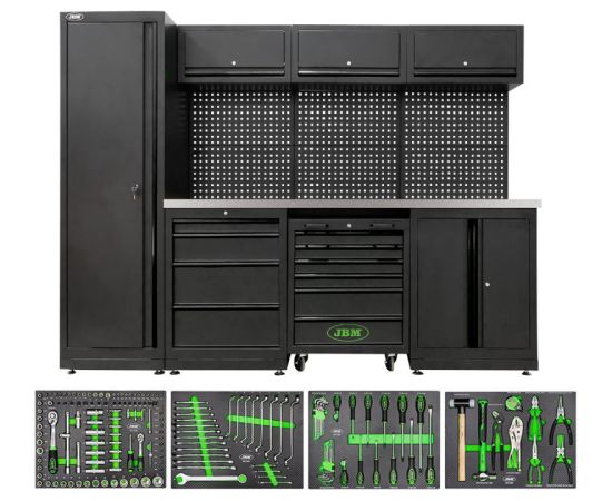 Darbnīcas modulārā uzglabāšanas sistēma (18 gab.) - MELNS + INOX JBM Darbagaldi un darbnīcu mēbeles 