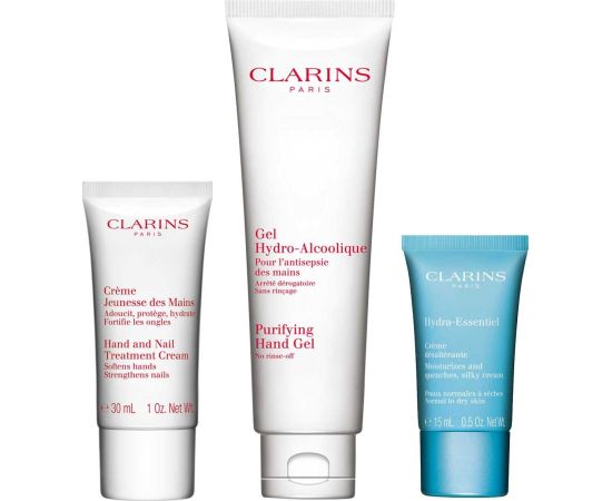 Clarins SET (PURIFYING HAND GEL 100ML+HAND TREATMENT CREAM 30ML+HYDRA ESSENTIEL CREAM 15ML) Dāvanu komplekti