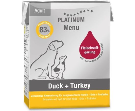 PLATINUM Menu Adult Duck+Turkey  - wet dog food - 375g Suņu barība