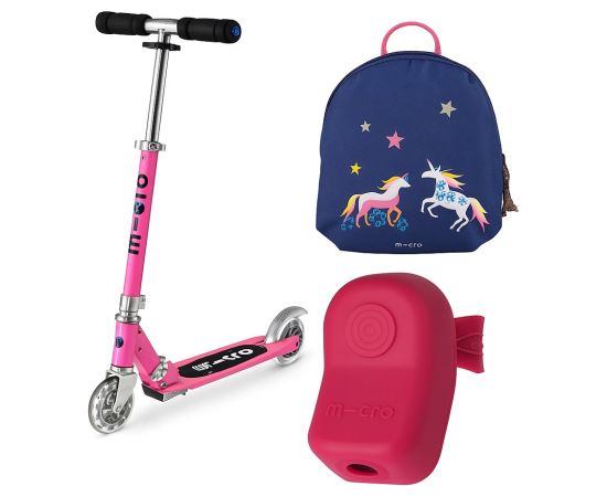 Micro Hulajnoga Sprite Pink LED + Micro Plecak w jednorożce XS AC4662 + Micro Światełko jednorożce AC5466 Skrejriteņi bērniem
