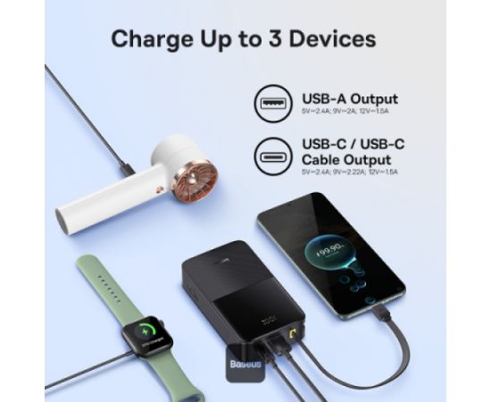 LiPo PowerBank 20000mAh 22.5W USB-A, USB-C ar integrētu USB-C kabeli, Bipow2 Pro EnerFill melns BASEUS Power Banks