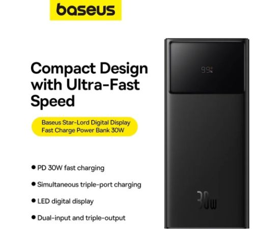 LiPo PowerBank 30000mAh 22.5W PD3.0 QC3.0 2xUSB + USB-C Star-Lord Black BASEUS Power-банки