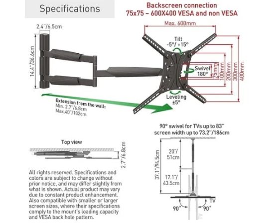 Barkan BM443XL 13"-83" TV, 4 lankstų, sieninis, juodas, labai ilgas Крепления для телевизоров