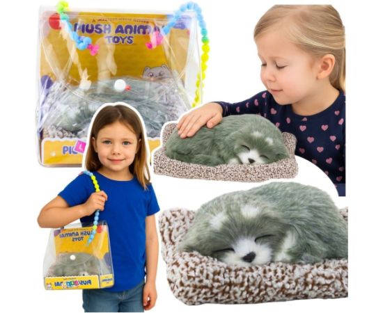 Leantoys Śpiący Pies Husky Na Poduszce Figurka z Futerkiem Torba Dźwięki EDUKAMP Мягкие игрушки
