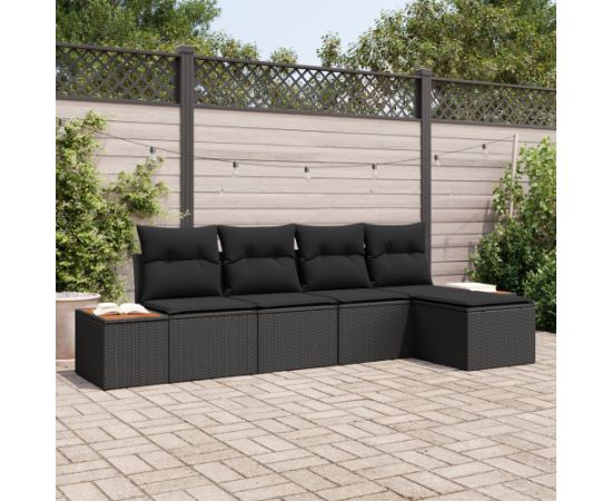 vidaXL Zestaw 5-elementowy sofa ogrodowa z poduszkami Black Poly Rattan Acacia Dārza mēbeļu komplekti