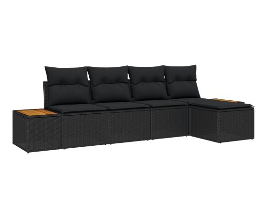 vidaXL Zestaw 5-elementowy sofa ogrodowa z poduszkami Black Poly Rattan Acacia Dārza mēbeļu komplekti