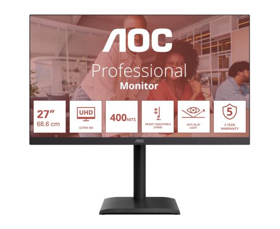 AOC U27E4CV 27 " IPS UHD 16:9 60 Hz 4 ms 3840 x 2160 pixels 400 cd/m² HDMI ports quantity 2 Black Monitori