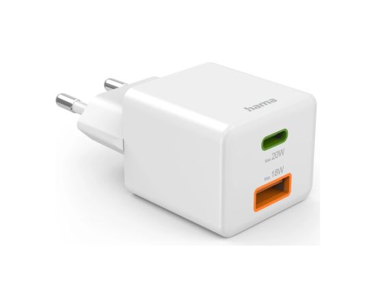 Hama 00201991 Fast Charger 1x USB-C 1x USB-A, Mini Charger, PD, 20W, White Telefonu lādētāji 220v