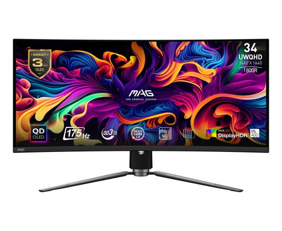 LCD Monitor MSI 34" Curved/21 : 9 Panel QD-OLED 3440x1440 21:9 175Hz Matte 0.03 ms Swivel Height adjustable Tilt Colour Black MAG341CQPQD-OLED Monitori