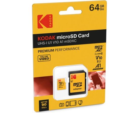 Kodak mSD 64GB UHS-I U1 V10 A1 Premium EKMSDM64GXC10K Atmiņas kartes micro SD SDHC
