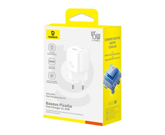 Baseus Sienas ātrais lādētājs PicoGo GaN 45W USB-C QC PD, balts Jaunumi - Viedierices