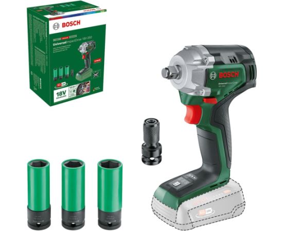 Triecienatslēga Bosch Universal ImpactDrive 18V-350; 18 V (bez akumulatora un lādētāja); ar piederumiem Trieciena uzgriežņu pistoles ar akumulatoru