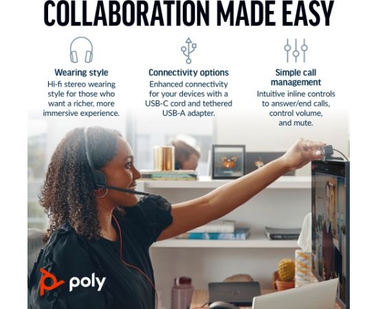 HP Poly Blackwire 3220 Stereo Wired Headset, USB-C, USB-C/A Adapter, Black Наушники