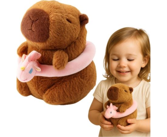 Leantoys Pluszowa Kapibara Różowe Koło Ratunkowe Z Jednorożcem Brązowa 20cm Mīkstās rotaļlietas