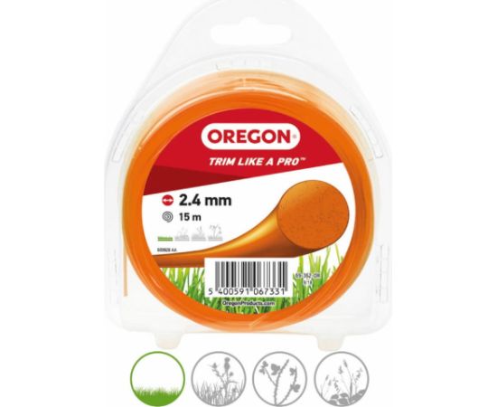 Trimmera aukla, apaļa, oranža, 2,4 mm, 15 m, OREGON Piederumi dārza tehnikai