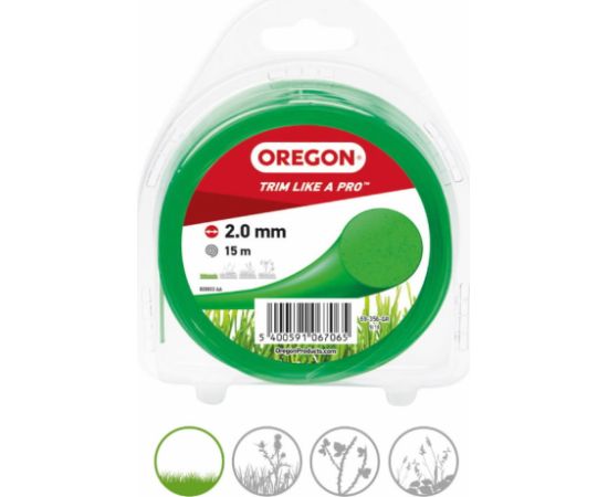 Trimmera aukla, apaļa, zaļa, 2,0 mm, 15 m, OREGON Piederumi dārza tehnikai