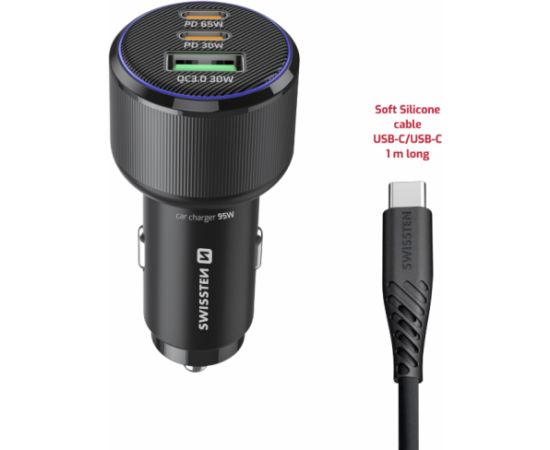Swissten PD 2x USB-C / USB Automašīnas Lādētājs 95W ar USB-C - USB-C Kabeli 1m Telefonu lādētāji 12v Automašīnām