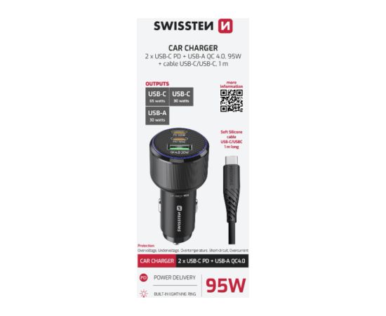Swissten PD 2x USB-C / USB Automašīnas Lādētājs 95W ar USB-C - USB-C Kabeli 1m Telefonu lādētāji 12v Automašīnām