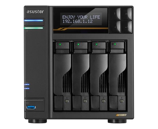 NAS Asustor AS6804T; Tower; 4x (3.5" SATA HDD/ 2.5" SSD); AMD Ryzen Embedded V3C14; 16G ECC DDR5 SODIMM (max. 64GB), 2x 10GbE, 2x 5GbE, 4x M.2 2280 NVMe PCIe 4.0, 2x USB4, 2x USB 3.2 Gen, 1x optional 10 GbE card Серверы и компоненты серверов