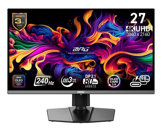 Monitor MSI MPG 272URX QD-OLED 27" Gaming/4K Matte Panel QD-OLED 3840x2160 16:9 240 ?? 0.03 ms Swivel Pivot Height adjustable Tilt Colour Black MPG272URXQD-OLED LED / LCD мониторы