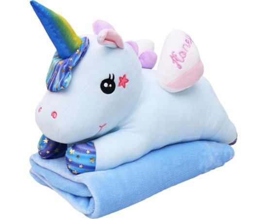 Leantoys Maskotka Przytulanka Pluszowy Jednorożec Z Kocem 160x110cm Niebieski 55cm Mīkstās rotaļlietas