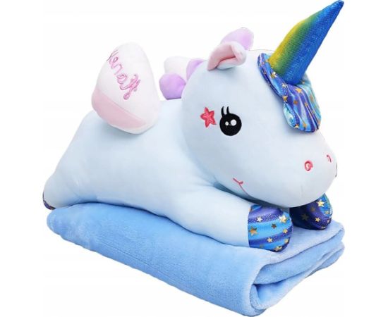 Leantoys Maskotka Przytulanka Pluszowy Jednorożec Z Kocem 160x110cm Niebieski 55cm Mīkstās rotaļlietas