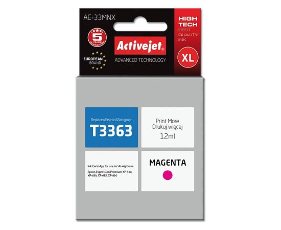 Activejet AE-33MNX Ink cartridge (replacement for Epson 33XL T3363; Supreme; 12 ml; magenta) Чернила для принтера