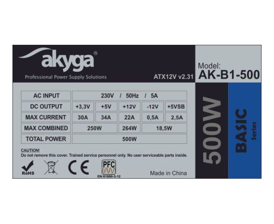 Akyga AK-B1-500 power supply unit 500 W 20+4 pin ATX ATX Grey Datoru barošanas bloki
