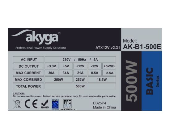 Akyga AK-B1-500E power supply unit 500 W 20+4 pin ATX ATX Grey Datoru barošanas bloki
