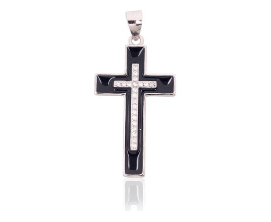Серебряный кулон #2301981(PRh-Gr)_CZ+ML-BK, Серебро 925°, родий (покрытие), Цирконы, Ювелирная эмаль, 1.9 гр. Krustiņi un ikonas