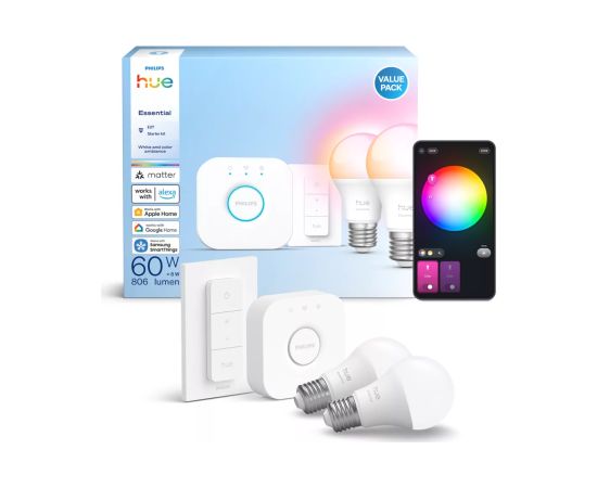 Philips Hue E WCA 806 A60 2kit SW EU E27 8 W 16 million colors, White and colored light Viedās lampas un spuldzes