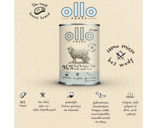 OLLO Puppy Umami Beef and Green Tripe with Duck Liver - wet dog food - 850g Suņu barība