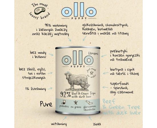 OLLO Puppy Umami Beef and Green Tripe with Duck Liver - wet dog food - 850g Suņu barība