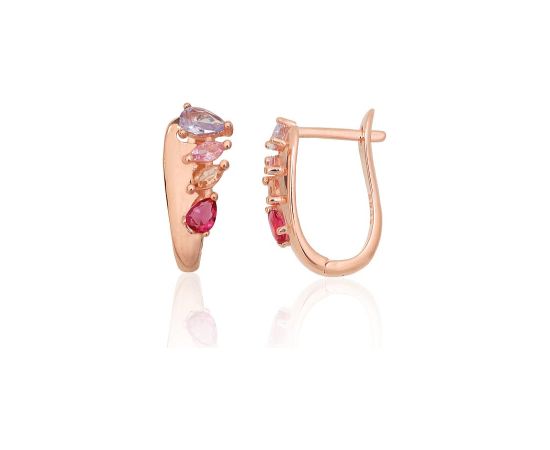 Серебряные серьги на английском замке #2204315(PAu-R)_CZ-MIX, Серебро 925°, красное золото (покрытие), Цирконы, 2.7 гр. Ar "angļu" slēdzēju