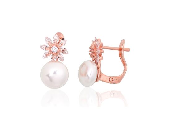 Серебряные серьги на английском замке #2204152(PAu-R)_CZ+PE, Серебро 925°, красное золото (покрытие), Цирконы, Жемчуг, 2.4 гр. Ar "angļu" slēdzēju