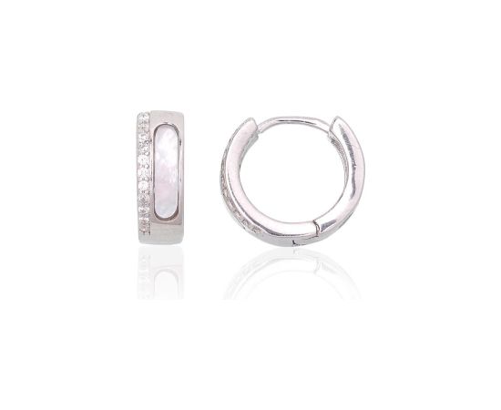 Sudraba auskari ar apaļu aizdāri #2204111(PRh-Gr)_CZ+PL-W, Sudrabs 925°, rodijs (pārklājums), Cirkoni, Perlamutrs, 2.4 gr. Auskari-riņķīši