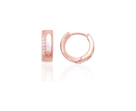 Sudraba auskari ar apaļu aizdāri #2204111(PAu-R)_CZ+PL-W, Sudrabs 925°, sarkanais zelts (pārklājums), Cirkoni, Perlamutrs, 2.4 gr. Auskari-riņķīši