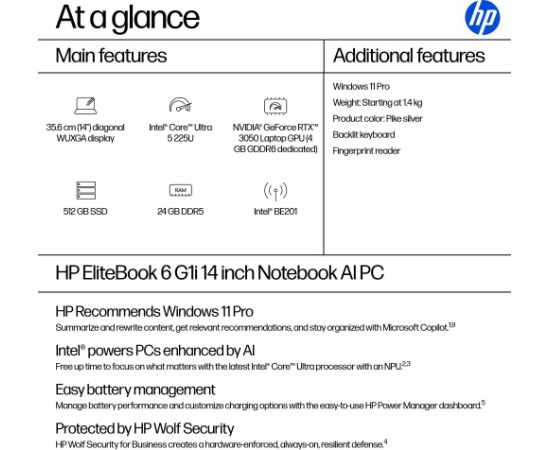 HP EliteBook 6 G1i 14 - Ultra 5 225U, 24GB, 512GB SSD, 14 WUXGA Privacy AG, WWAN-ready, 5MP IR cam, Smartcard, FPR, US backlit keyboard, 56Wh, Win 11 Pro, 3 years / C15BKET#ABB Ноутбуки