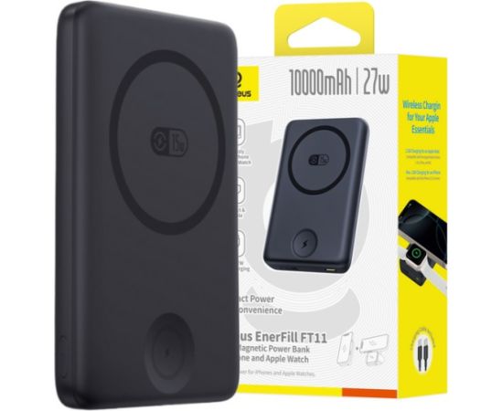 LiPo PowerBank 10000mAh 27W bezvadu QI + iWatch, ar magnētu Magsafe melns EnerFill FR11 BASEUS Power Banks